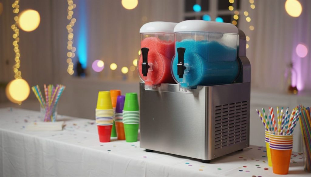 slushicemaskine med rød og blå slushice på et festbord